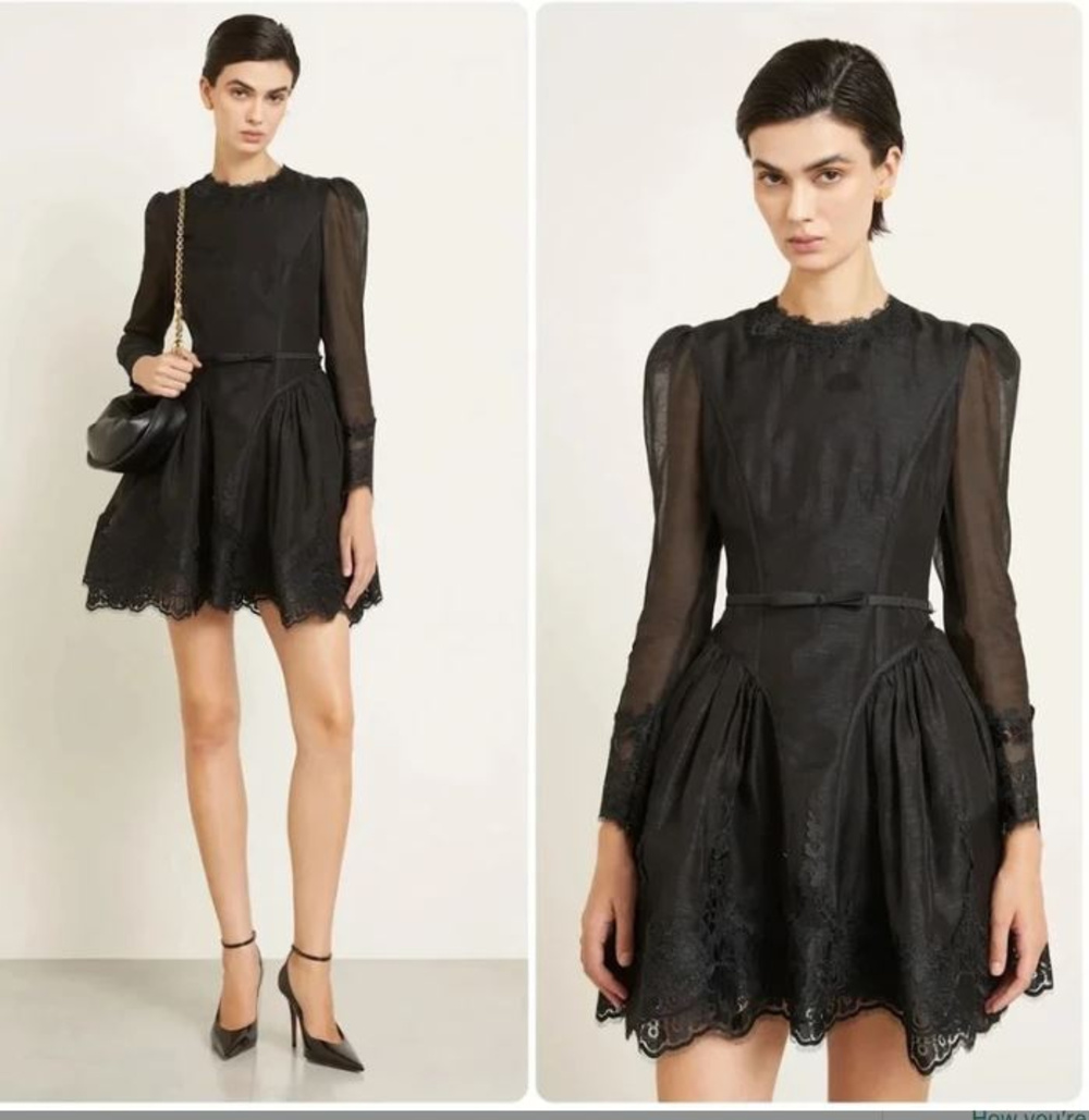 NWT Zimmermann Hypnotic Lace Trim Long Sleeve Linen Silk Minidress US 4 AU 0